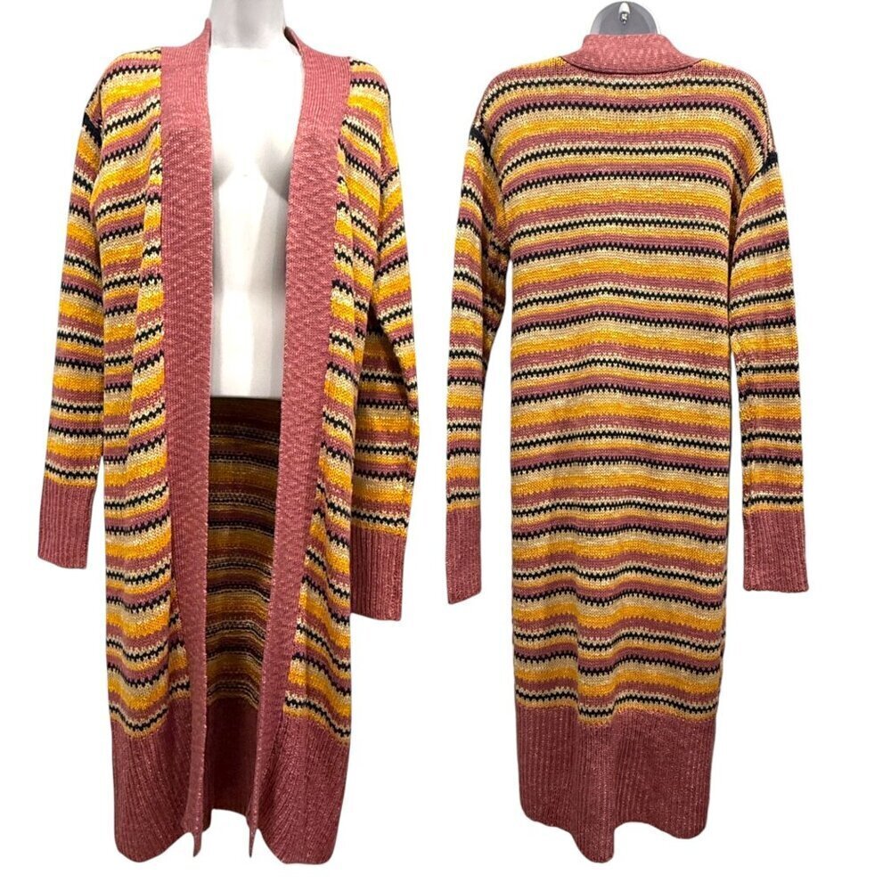 Natural Reflections Striped Open Long Knit Cardigan Duster Beachy Pink  Boho NEW